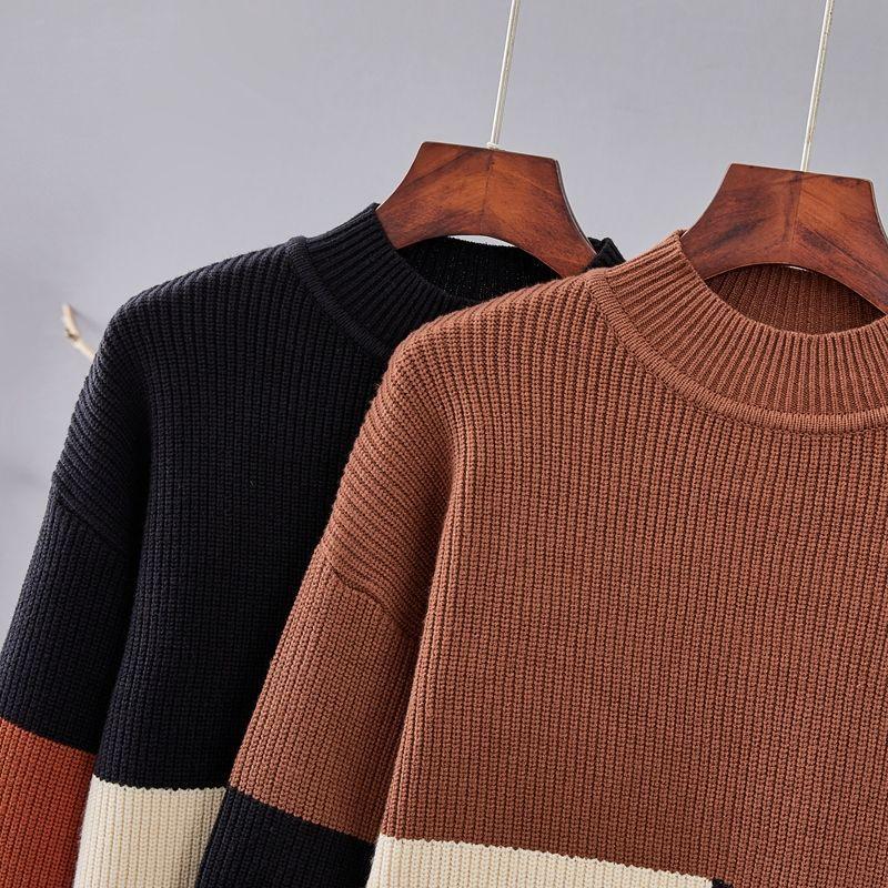 Vintage Women's Color-block Sweater Autumn Winter Loose Crew Neck Pullover Knitwear Short Stretch Knit Top Cropped Jumper
