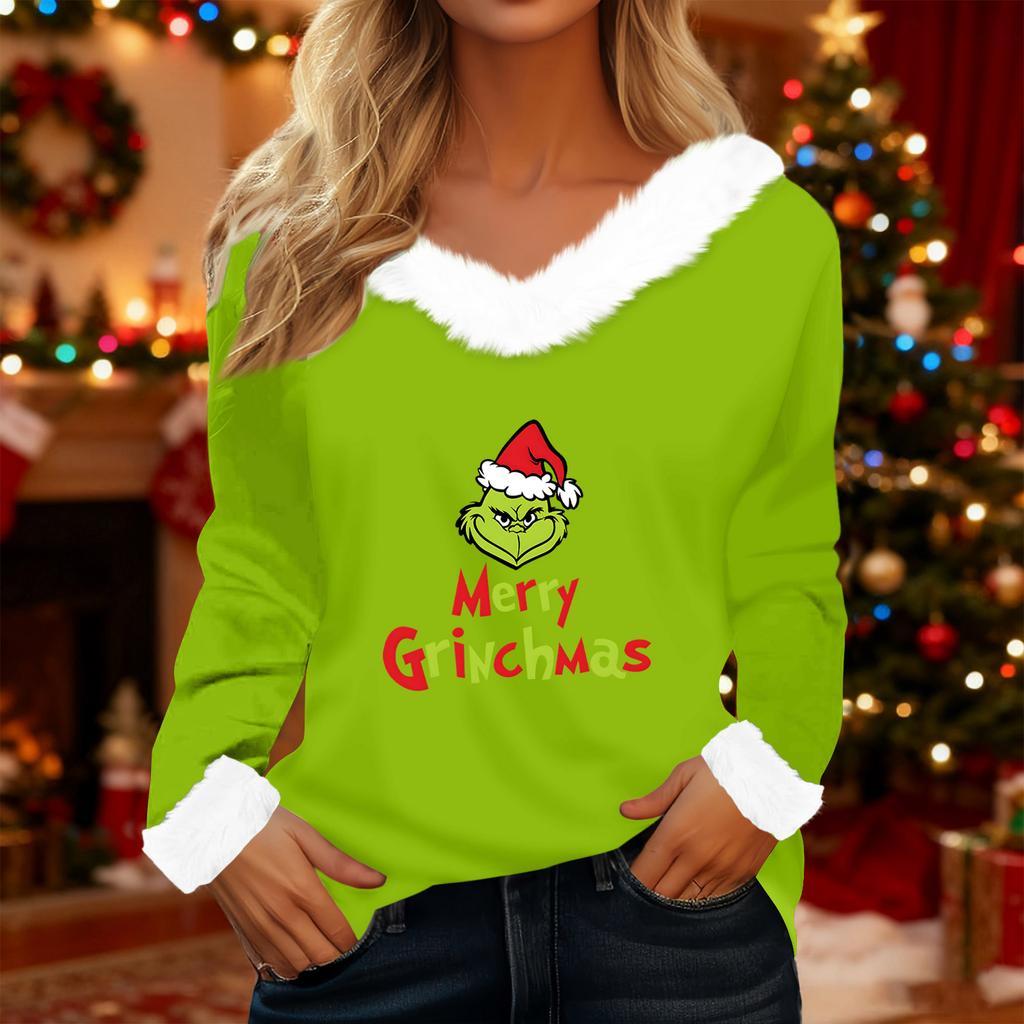 Women's T Shirt Tee Christmas Shirt Long Sleeve Party Christmas Print Fleece Collar V Neck Top