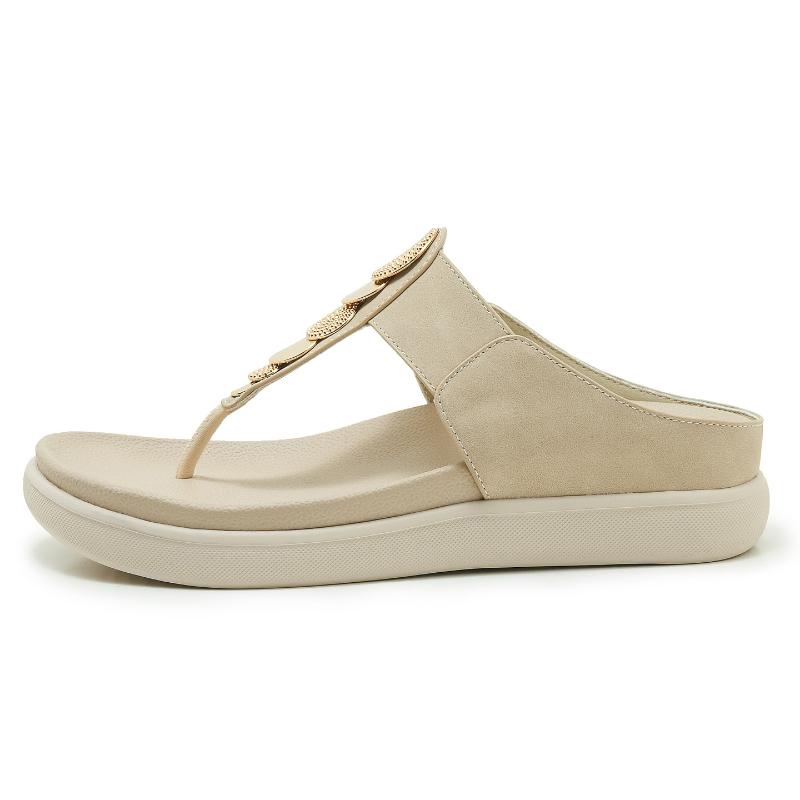 

Beige Platform Thong Sandals With Gold Metal Rhinestone Detail Open Toe Comfortable Wedge Flip Flops For Summer Beach Daily Wear 35