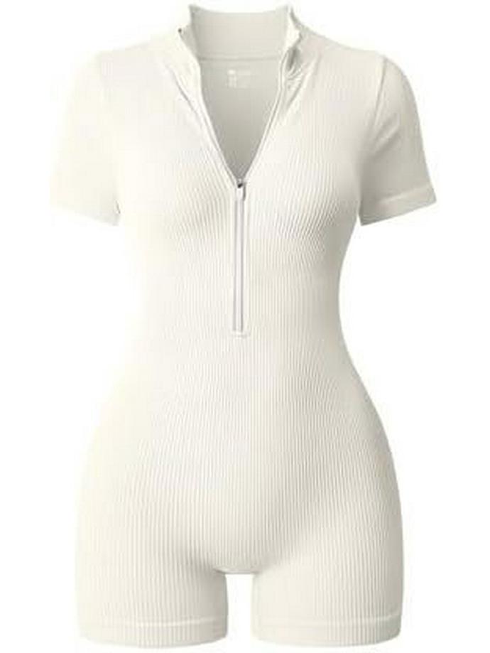 

Жіночий літній комбінезон для йоги - Рубчик, блискавка, короткий рукав, приталений крій, сексуальний ефект ліфтингу стегон, спортивний одяг для фітнесу S