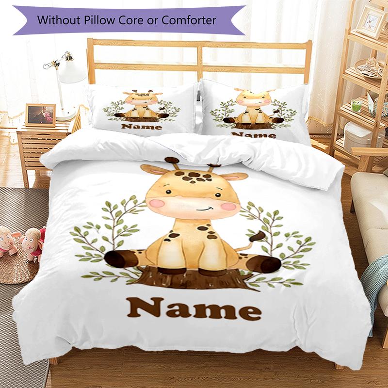 3pcs Custom Name Giraffe Bedding Set Duvet Cover Closure Includes 1 Duvet Cover & 2 Pillowcases, Soft and Comfortable for All Seasons.