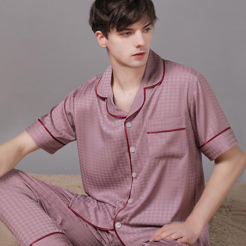 2022 Summer Ice Silk Couple Pajamas Set - Short Sleeve & Long Pants for Men & Women