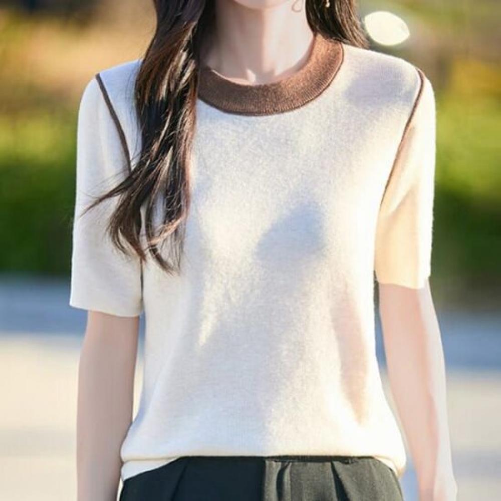 Navava Women Simple Daily Color Block Round Neck Short Sleeve Knit Top Nk2967
