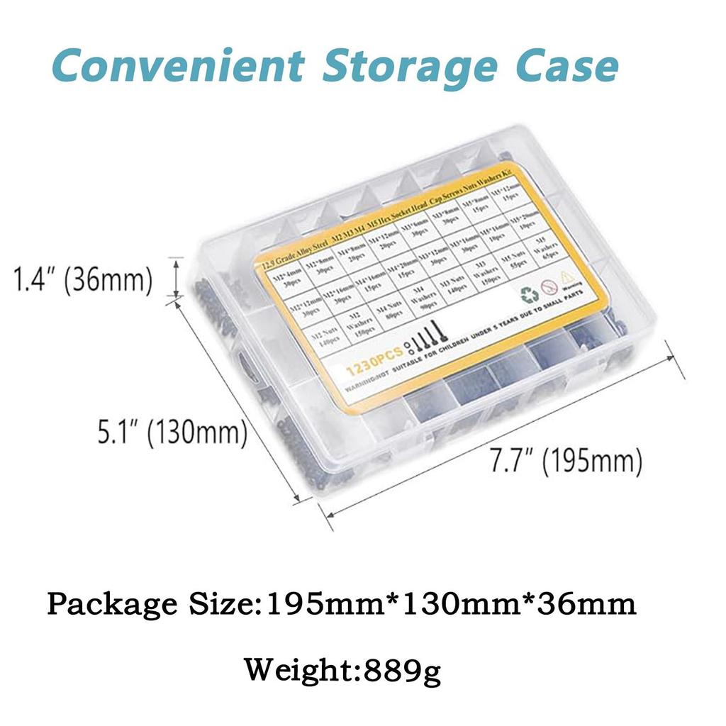 1230 ks šroubů s válcovou hlavou a šestihrannou maticí a plochou podložkou, sada šroubů, v krabičce M2M3M4M5