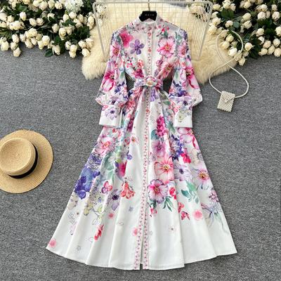 Spring Summer Women Stand Collar Print Single Breasted Long Maxi Holiday Beach Dresses with Belt