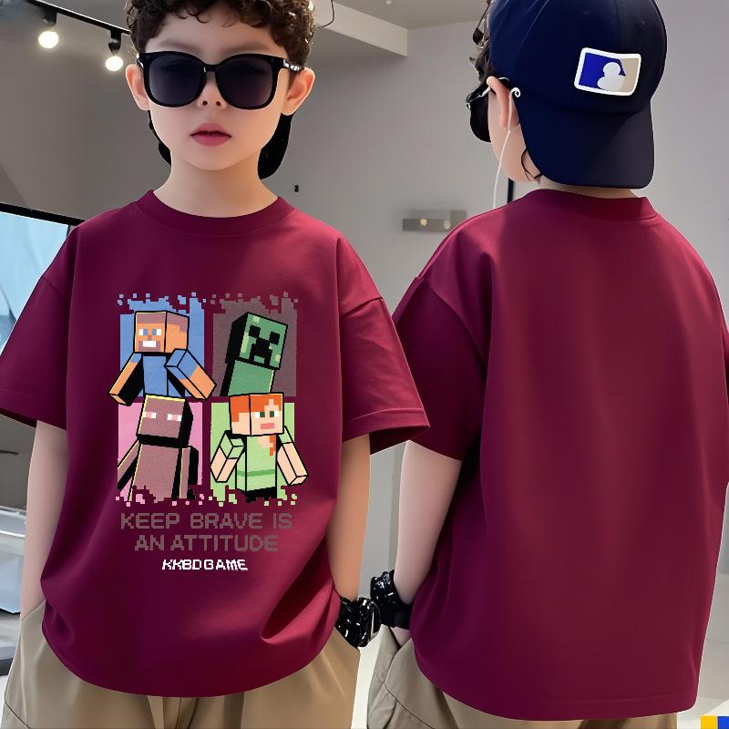 Minecraft Boys  Pure Cotton Short Sleeve T-shirt - Summer Trendy Loose Fit, Round Neck Sports Fashion for Kids