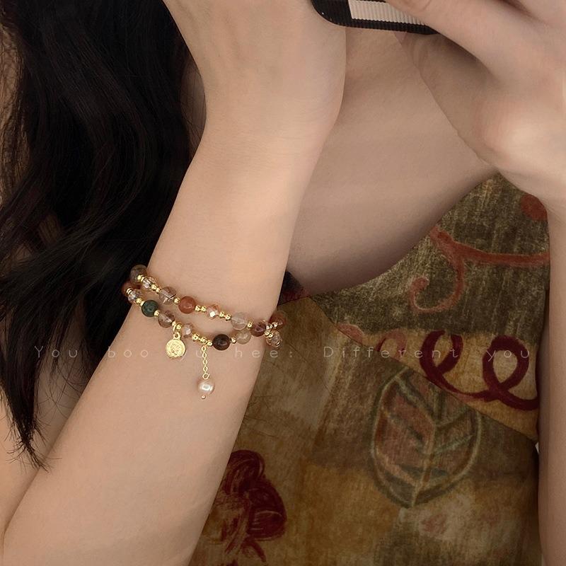 Vintage Double Layer Beaded Bracelet with Retro Portrait and Pearl Design for Women