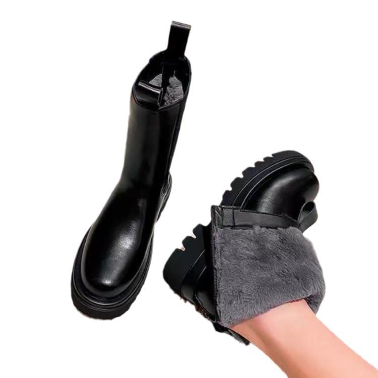 Winter New Piled Thick Fur Martin Boots Soft Leather Medium Tube Snow Boots Fur Integrated Warm Boots
