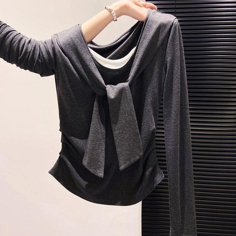 

Korean Style Faux Two-Piece Long-Sleeve Shawl T-Shirt for Women - Spring/Autumn Layering Top L