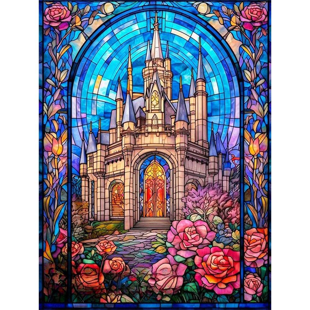 

Disney Diamond Painting Disney Castle Stained Glass Art 5D DIY Rhinestone and Diamond Embroidery Cross stitch Home and Wedding Decorations Round 20x30cm