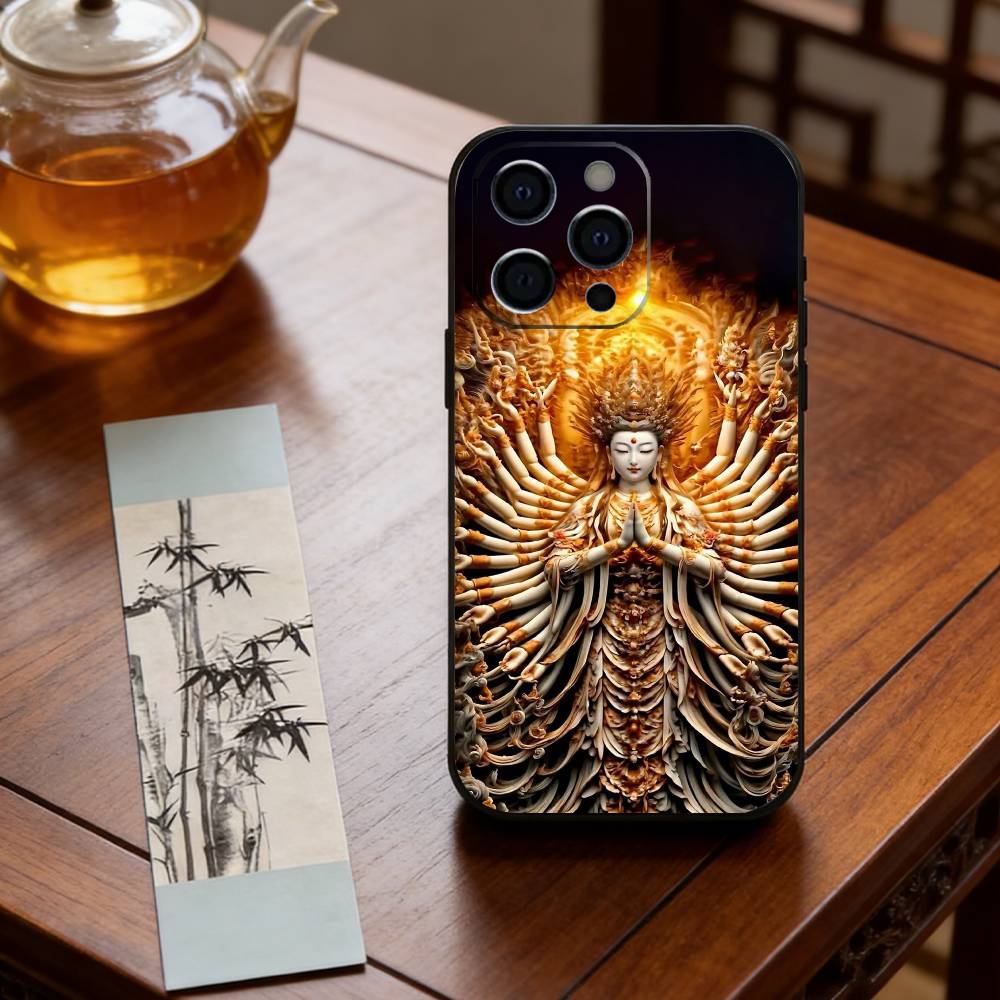 Avalokiteshvara Phone Case For iPhone 17,16,15,14,13,12,11 Plus,Pro Max,XS,Soft Silicone Black Cover