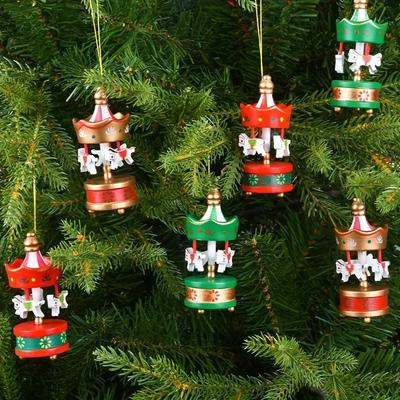 6pcs/box Cute Christmas Wooden Carousel Horse Miniature Ornaments Xmas Tree Hanging Pendant New Year Party Gift Toy for Kid