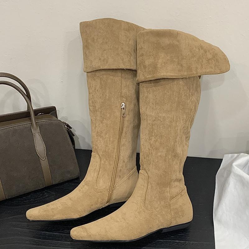 

Eilyken Winter Design Winter Turned-over Edge Woman Over The Knee Boots Punk Style Pointed Toe Low Heels Zipper Shoes 35 хакі