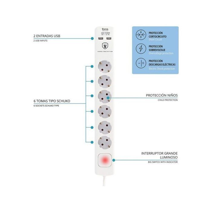 Multiprise - TM ELECTRON - TMUAD306 - 6 Prises Schuko - 2 Ports USB - Interrupteur Sécurisé