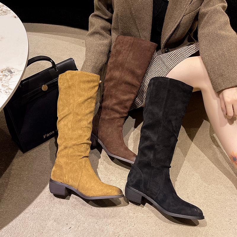 Fashion Winter Vintage Pleated Women Mordern High Boots Designer Slip On Pointed Toe Internal Elevation Shoes Botas De Mujer