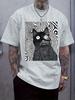 Psychedelic Black Cat Print T-shirt - Casual Crew Neck Short Sleeve Tee with Vibrant Design