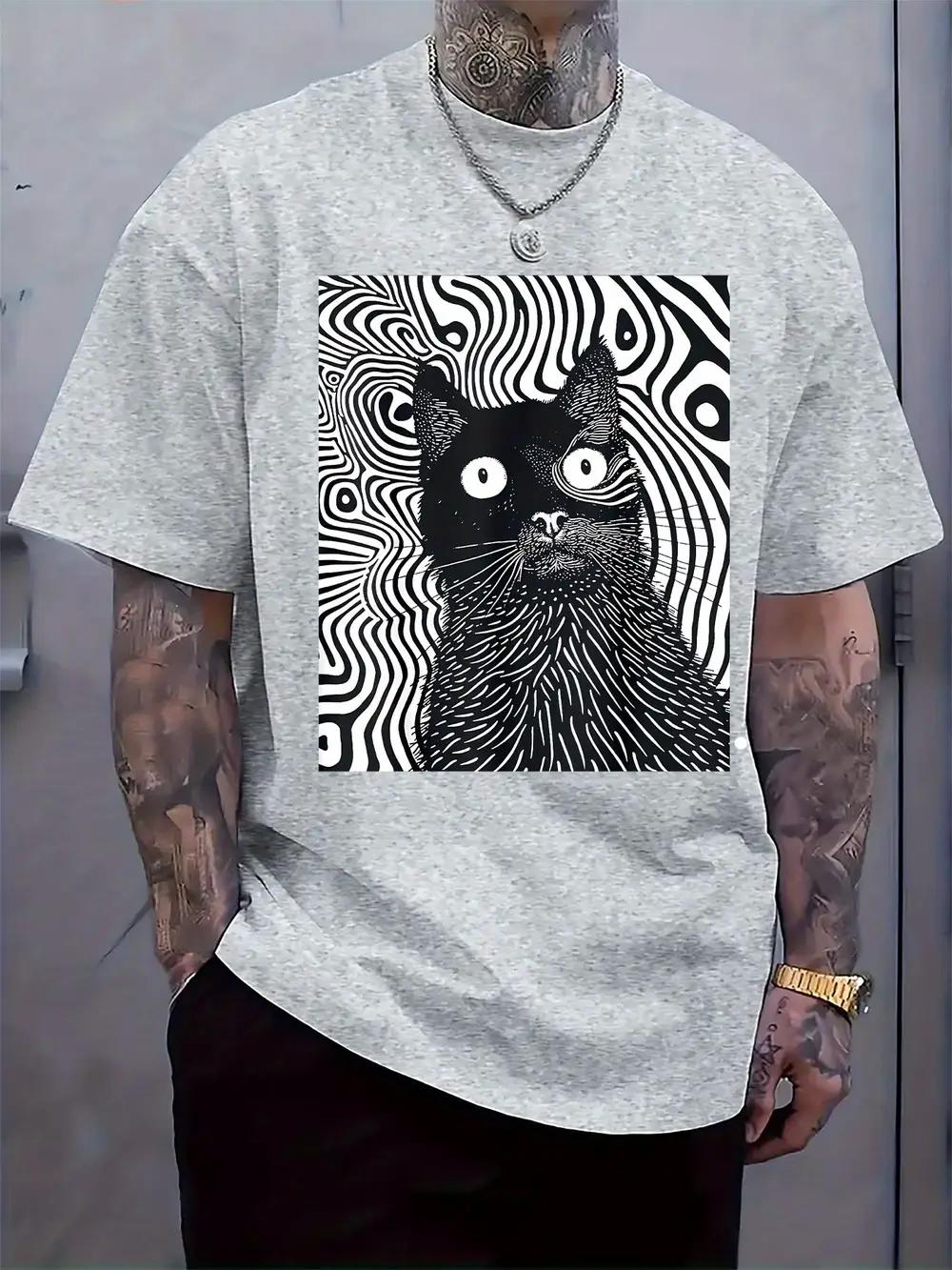 Psychedelic Black Cat Print T-shirt - Casual Crew Neck Short Sleeve Tee with Vibrant Design XXL
