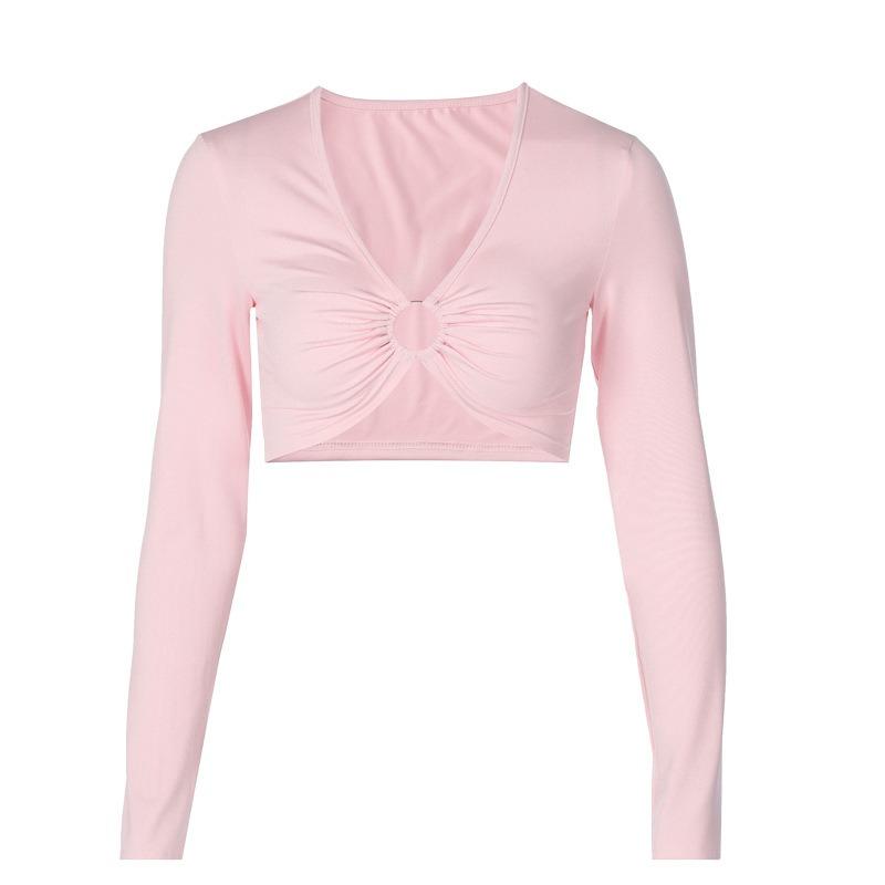 Fashion Sexy V-neck Slim Fit Long Sleeve Crop Tops Spring Fall Casual Women Party Tops Hollow Out  Y2k Backless Tee Square Collar Ribbed T-Shirts