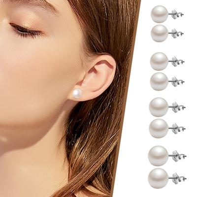 Sterling AAA Cultured Pearl White Button Stud Earrings For Women