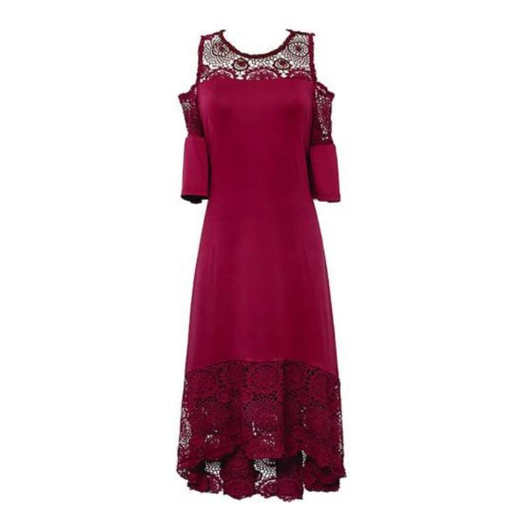 Ausgestelltes Kleid mit kalten Schultern Übergröße Damen Hohe Taille Stickerei Spitze Patchwork Kurzarm