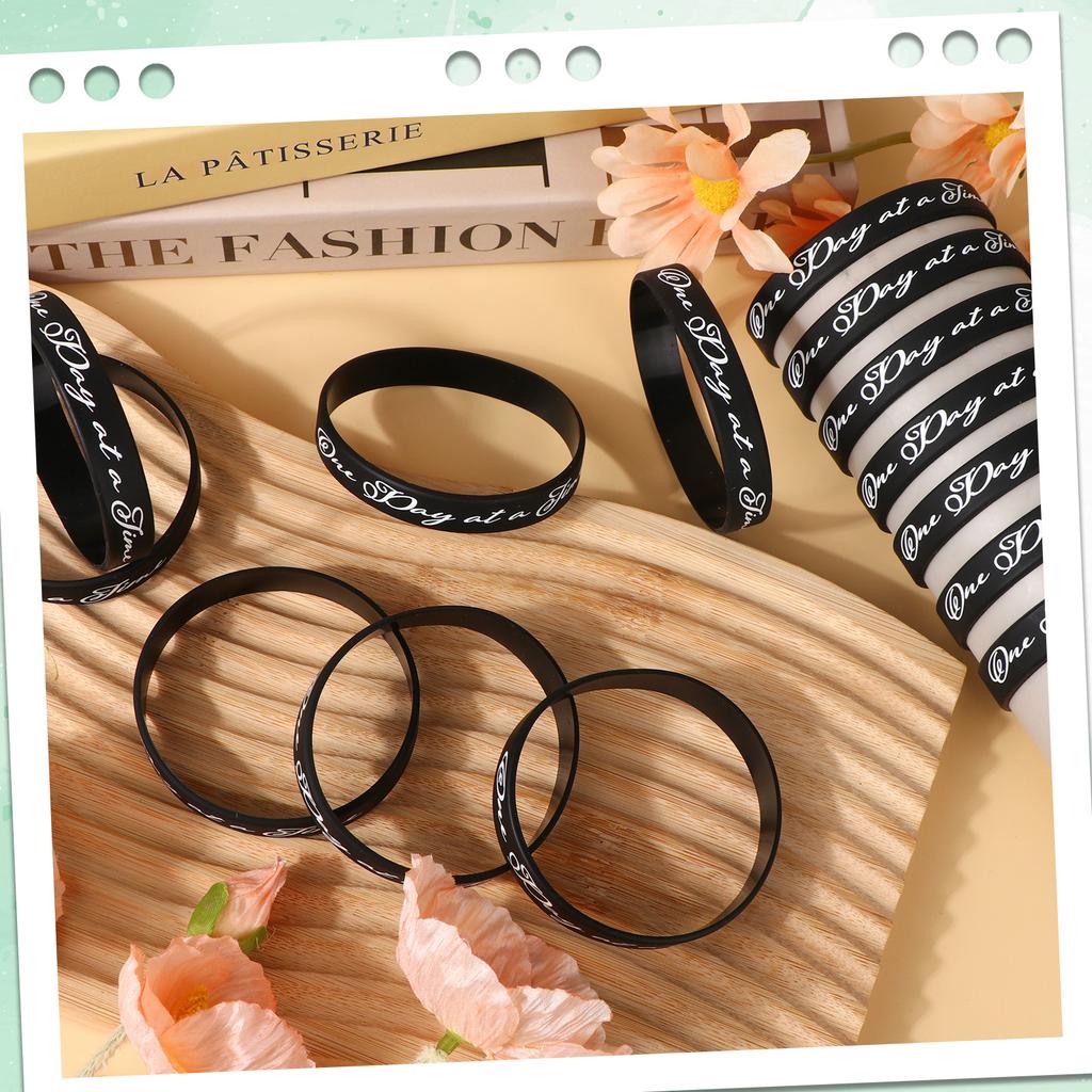 60 Pcs One Day At A Time Silicone Motivational Wristbands Black Inspirational Rubber Bracelets Sobriety Gifts For Addiction Reco