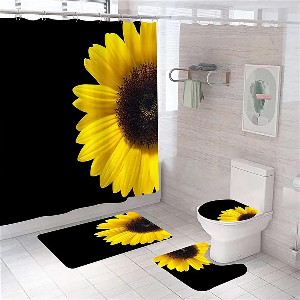 Magic Sunflower Butterfly Shower Curtain Sets Black Yellow Art Country Flower Bathroom Decor Curtains Bath Mats Rug Toilet Cover