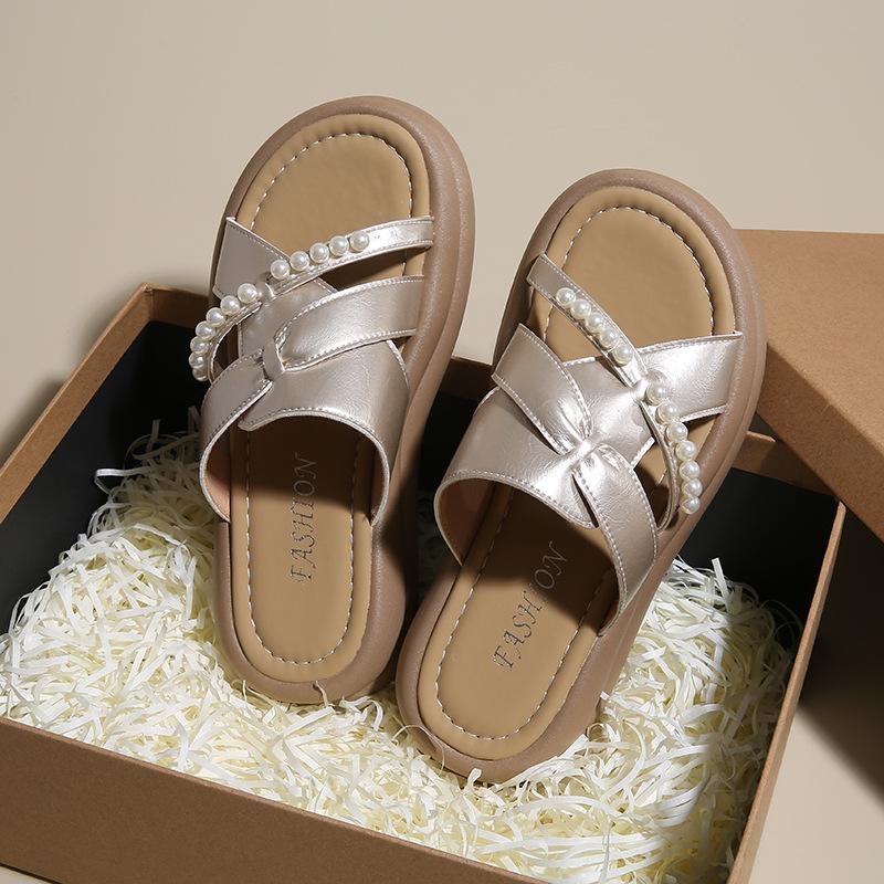 Thick-soled Pearl Slippers for Women To Wear 2025 Summer New Fairy Style with Skirt Lazy Small One-word Drag
