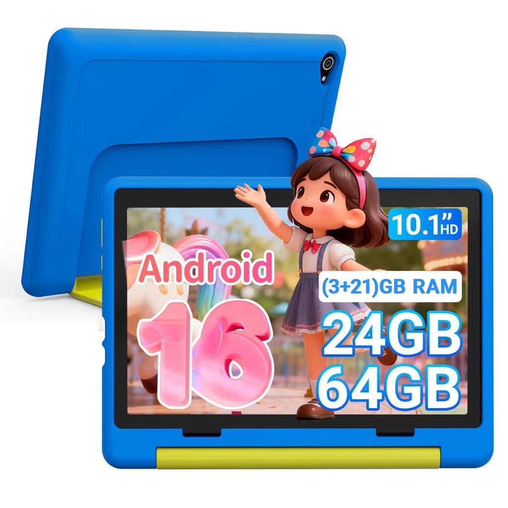 Tablet per Bambini Android 16, 10,1 Pollici, 24GB+64GB, WiFi 6, 6000mAh, Custodia Antiurto