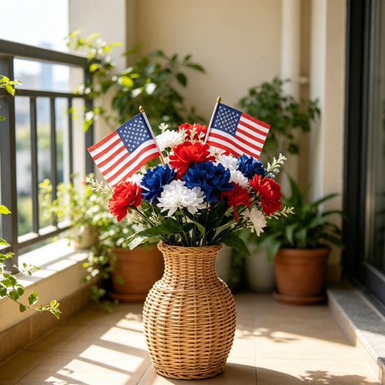 Independence Day Artificial Memorial Flowers Red White Blue Patriotic Cemetery Flower 4th of July Faux Silk Flower Decoration for Home Party