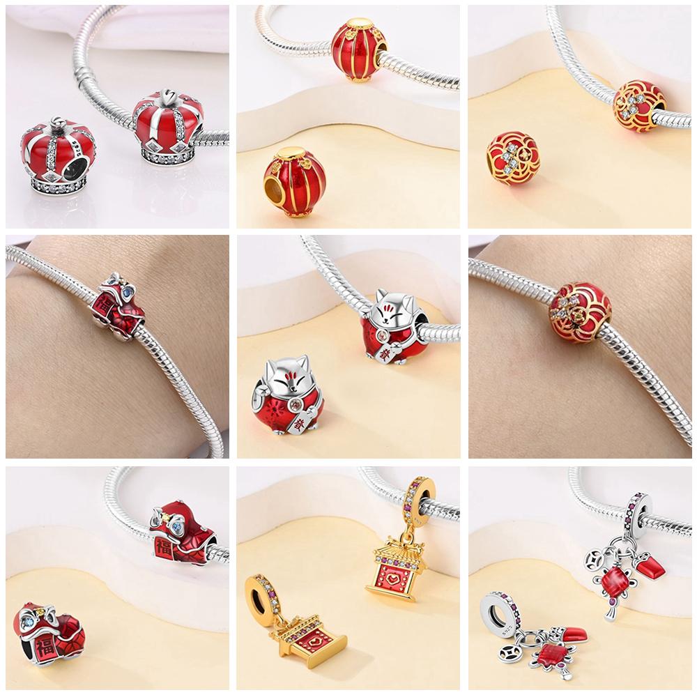 Brand New Chinese Style Series Copper Metal Red Lantern Lucky Cat Charm Bead Components Compatible With Authentic Original Bangle Charm Bead