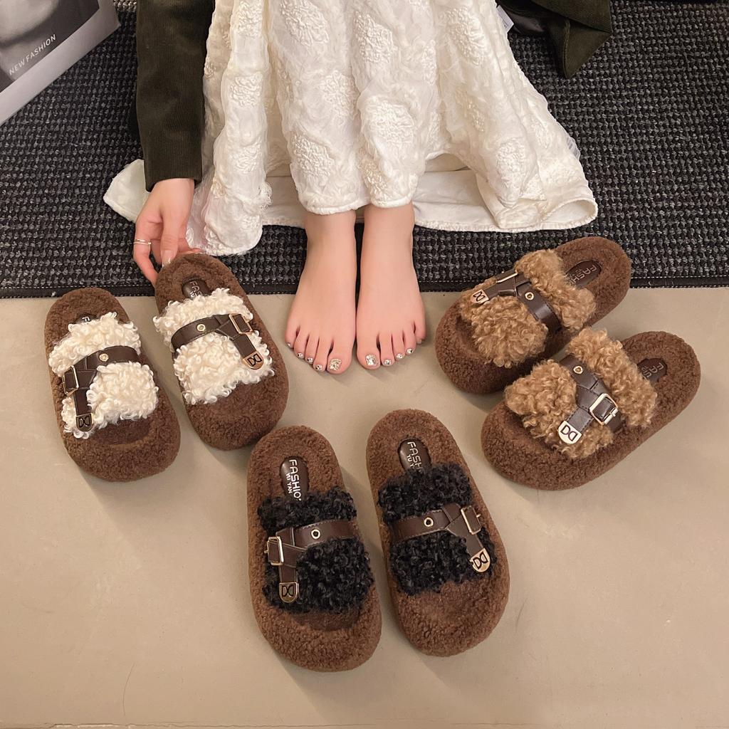 Thick-soled heightening fluffy slippers outer wear 2025 autumn and winter new belt metal buckle women's shoes home plush one-word drag