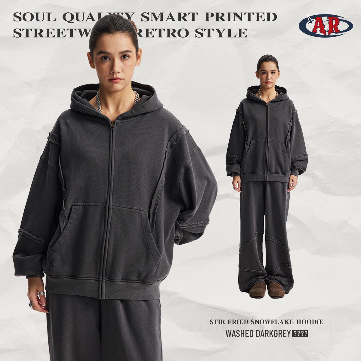 ARTIE|2025 Autumn/Winter Patchwork Raw Hem Snowflake Washed Hooded Cardigan with YKK Zipper S