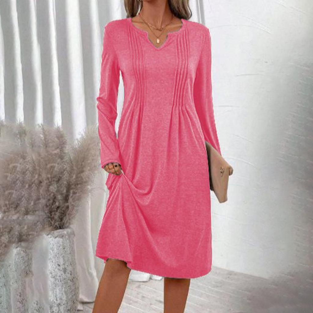 Dames -kleur V-hals Lange Mouwen Losse Geplooide Jurk