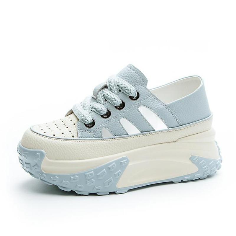 

7CM Air Mesh Genuine Leather Platform Wedge Chunky Sneaker Hollow Lace Up Fashion Women Summer Vulcanize Breathable Shoes 33