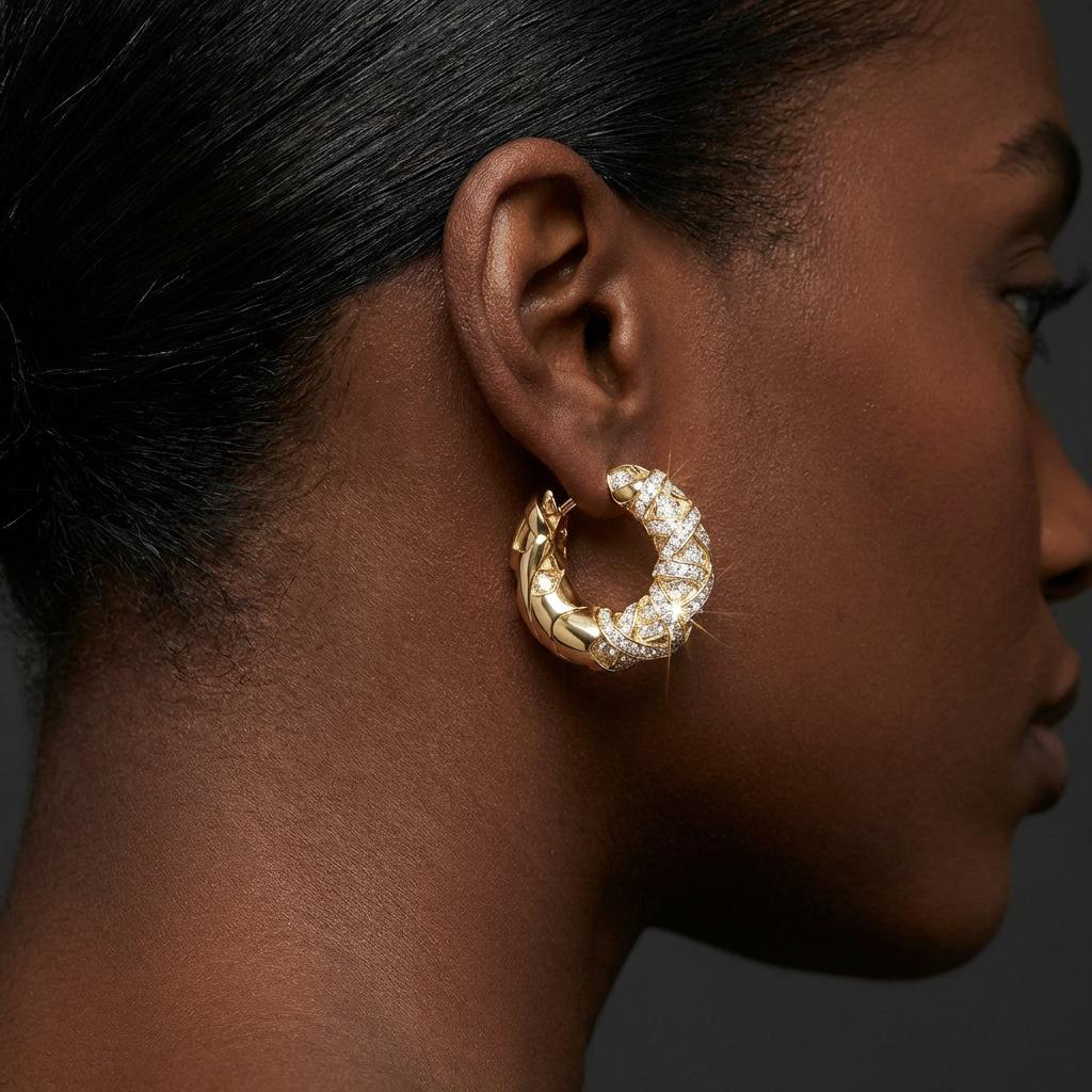 18K Gold Retro Light Luxury Zircon Earrings Full Diamond Cross Textured Ear Buckles Geometric Round Earrings Earrings