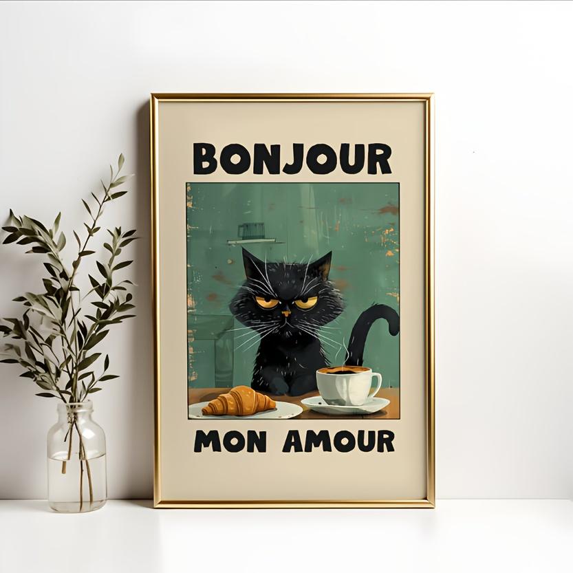 Amour Black Cat Breakfast Artwork, Modern Canvas Painting Unframed, Indoor Decoration Le Chat Noir Poster, Green Bonjour Mon 21X30CMNo Framed