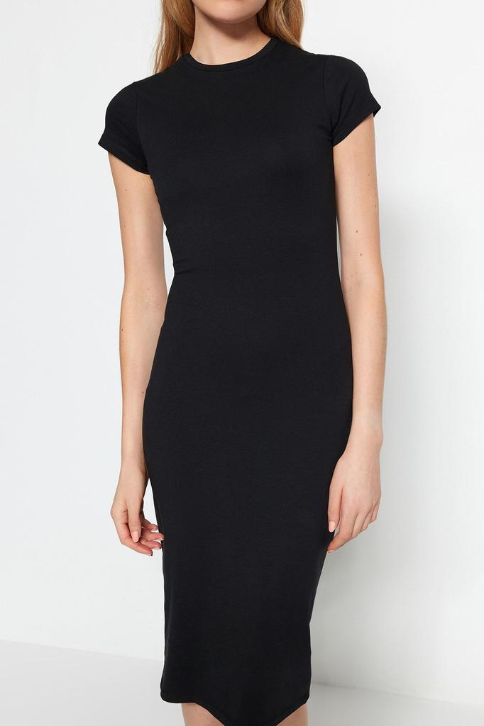 Women's Style Dress Emerald Green Short Sleeve Fitted Cotton Stretchy Midi Knitted Dress