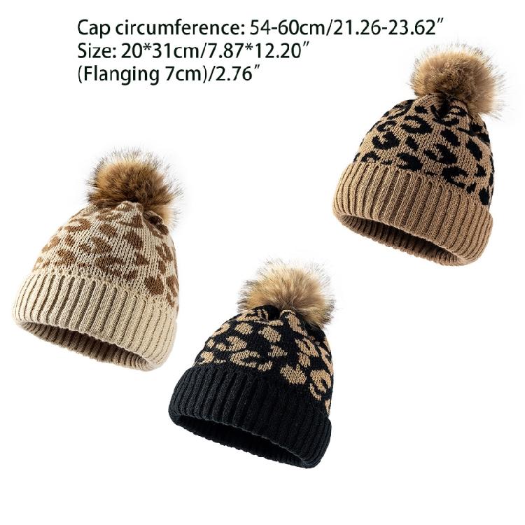Leopard-print Knitted Wool Cap for W/Pompon Women Beanie Outdoor Casual Winter H