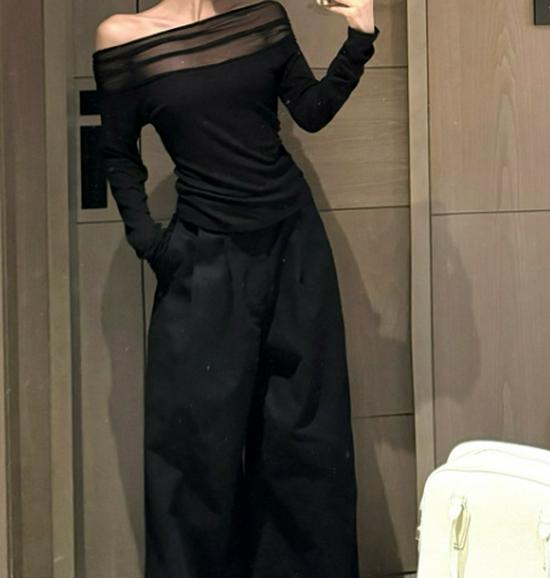 

Женский топ в корейском стиле с открытыми плечами, длинным рукавом, из сетчатого хлопка, с вставками M чёрный