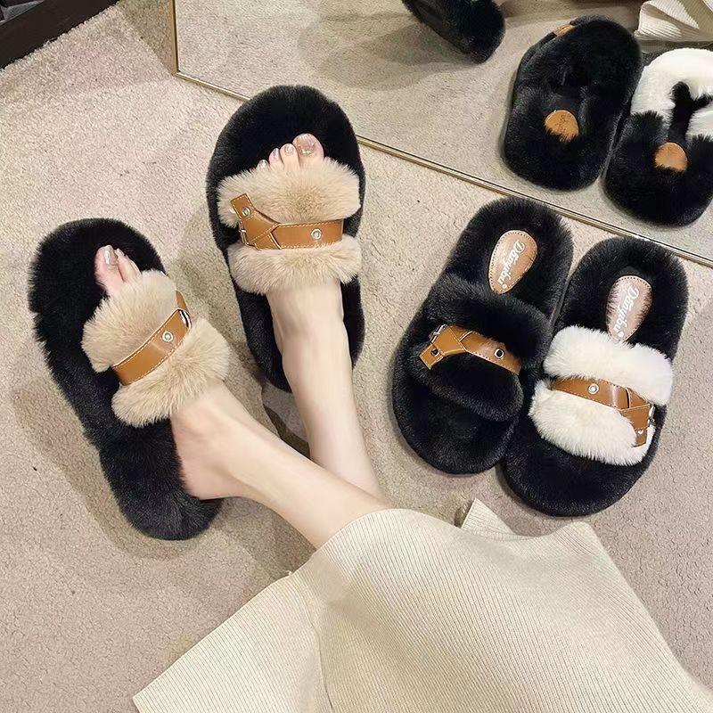 New Women's Fluffy Slippers Autumn and Winter Outer Wear Fashion Casual Shoes Drag Platform Versatile Women's Shoes Trendy Outer Wear Girls