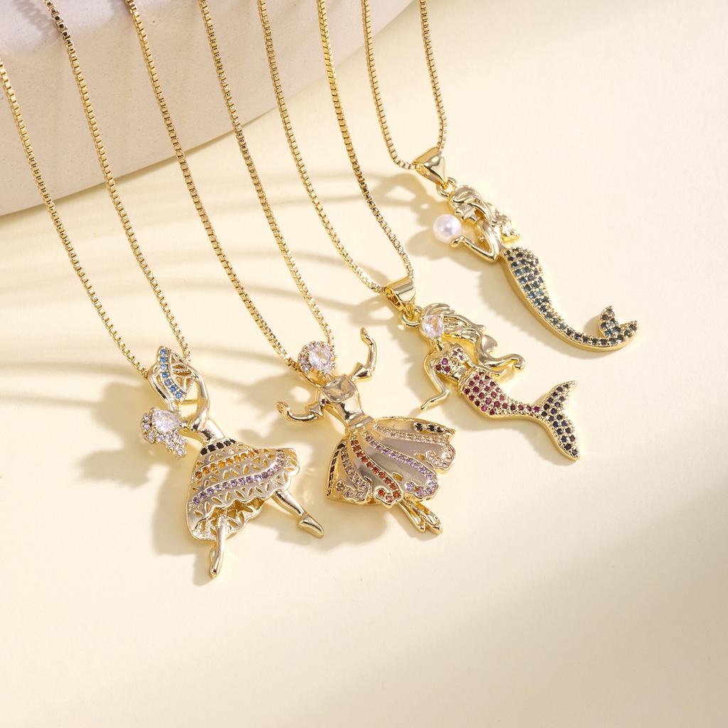 Nidin Fashion Ballerina & Mermaid Pendant Necklace For Women Cubic Zirconia Pearl Cute Neck Chain Girls Party Jewelry Gifts