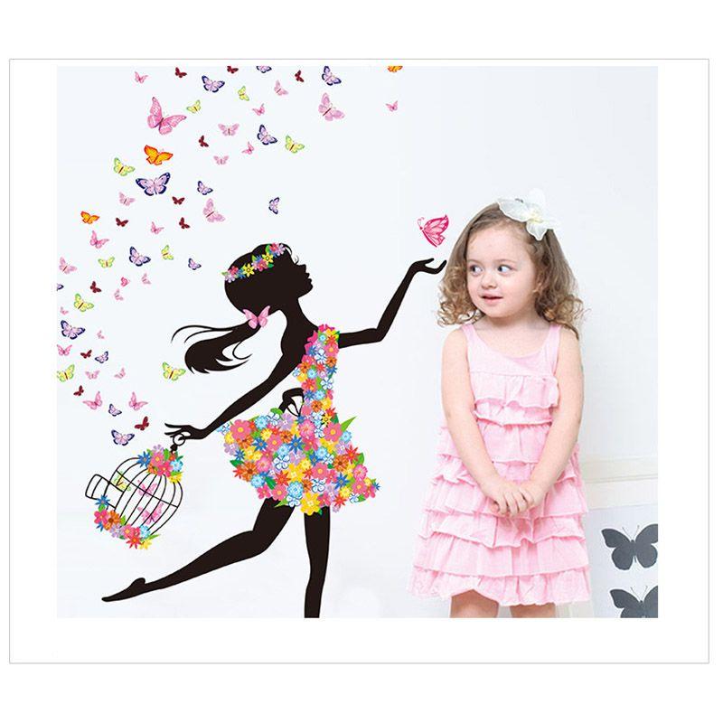 Entzückende PVC Mädchen Kunst Wandaufkleber für Kinderzimmer mit Schmetterlings- und Blumenmustern