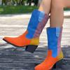 Fashion Multi-color Spliced Pointed-toe Suede Sleeve Soft Sole Non-slip Wear-resistant Square Heel Mid-barrel Single Shoe