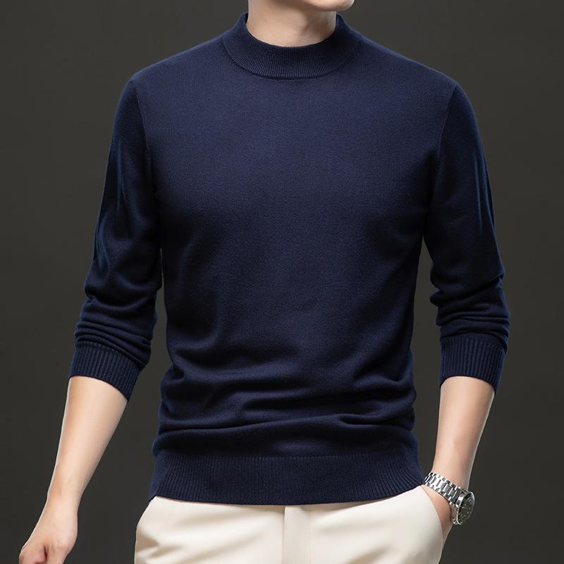 Autumn And Winter Men'S Slim Fit Solid Color Bottom Top Warm Sweater Knitted Sweater Semi-Turtleneck Pullover Men'S Clothing
