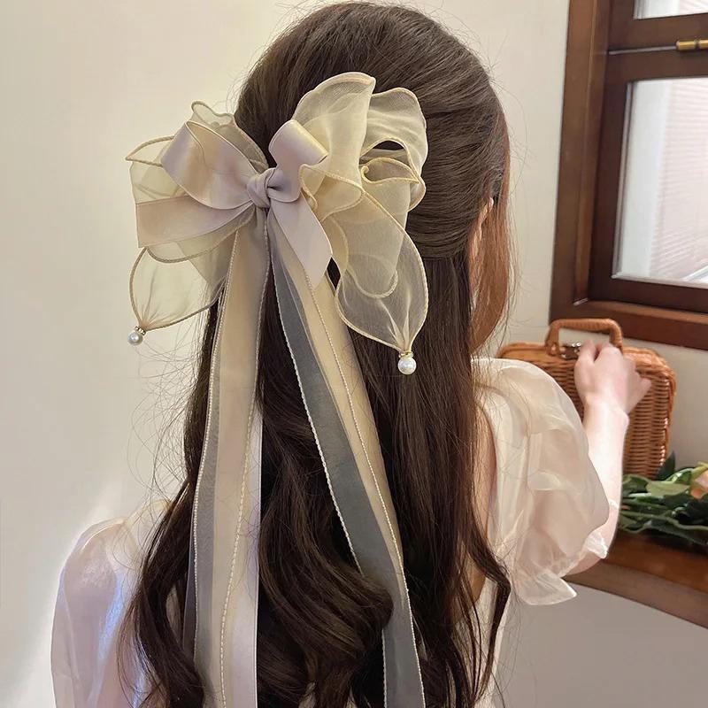Trendy Large Barrette Hair Clip Multi-Layer Ribbon Bow Hairpins Pearls Hair Pins For Women Girls Hair Accessories Cute Gifts New