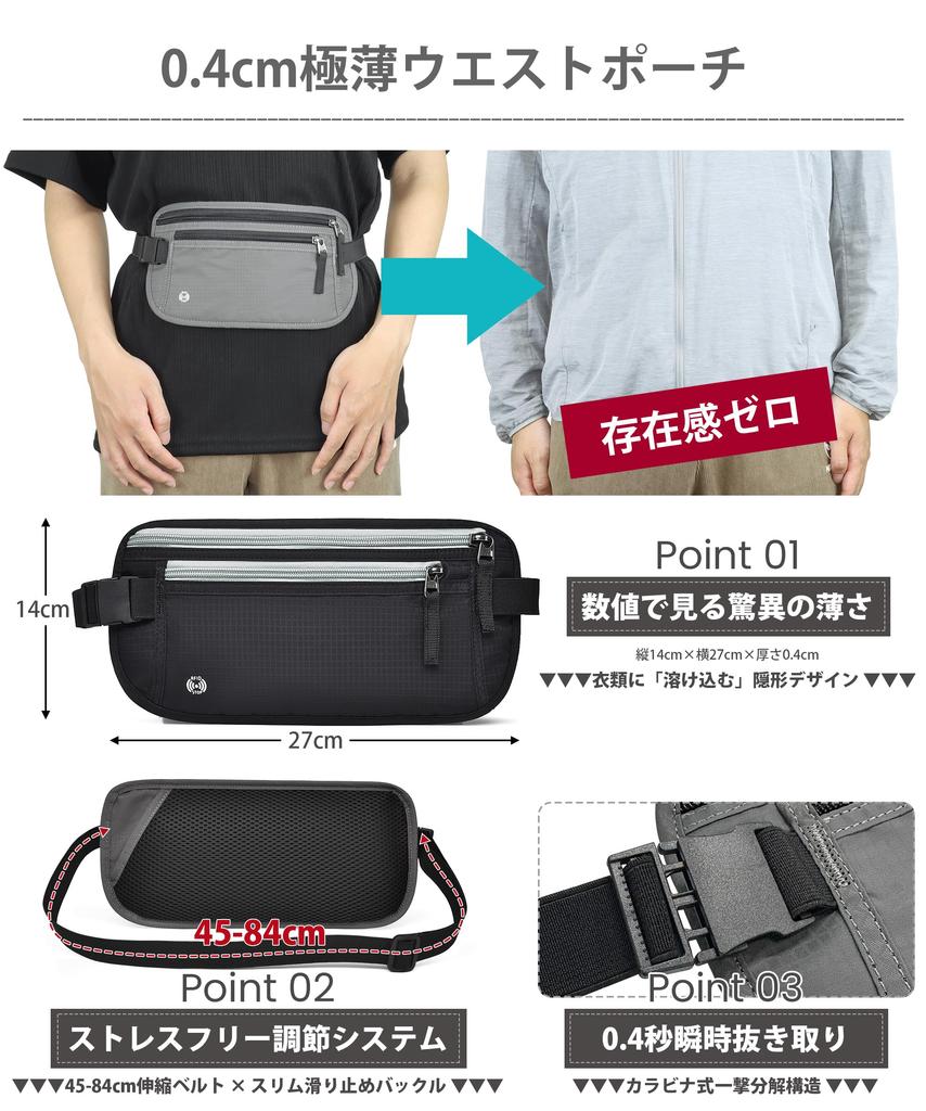 MOWO Security Waist Pouch RFID Skimming Prevention Large Capacity Passport Waist Convenient Free Pouch, Anti-Pickpocket Pouch, Anti-Skimming [Maximum