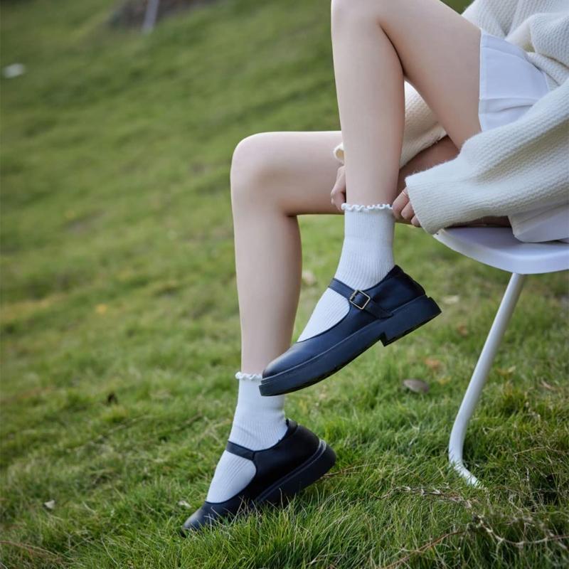 Ruffle Ankle Socks for Women Cotton Soft Solid Color Ribbed Knitted Lettuces Edge Low Cut Middle Tube Frilly Crew Socks