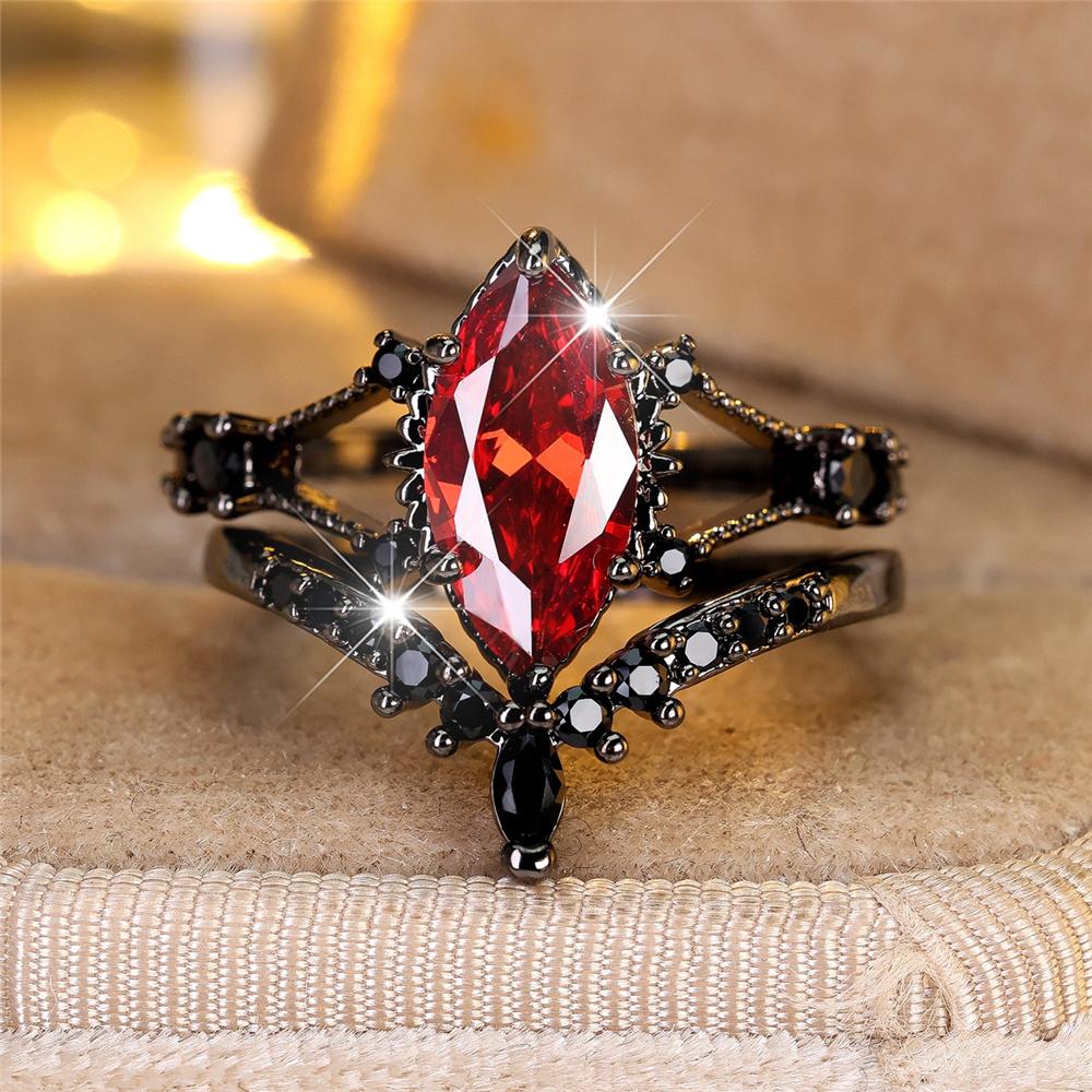 Female Red Zircon Stone Engagement Ring Set Vintage Black Gold Color Bridal Wedding Bands Party Jewelry For Women
