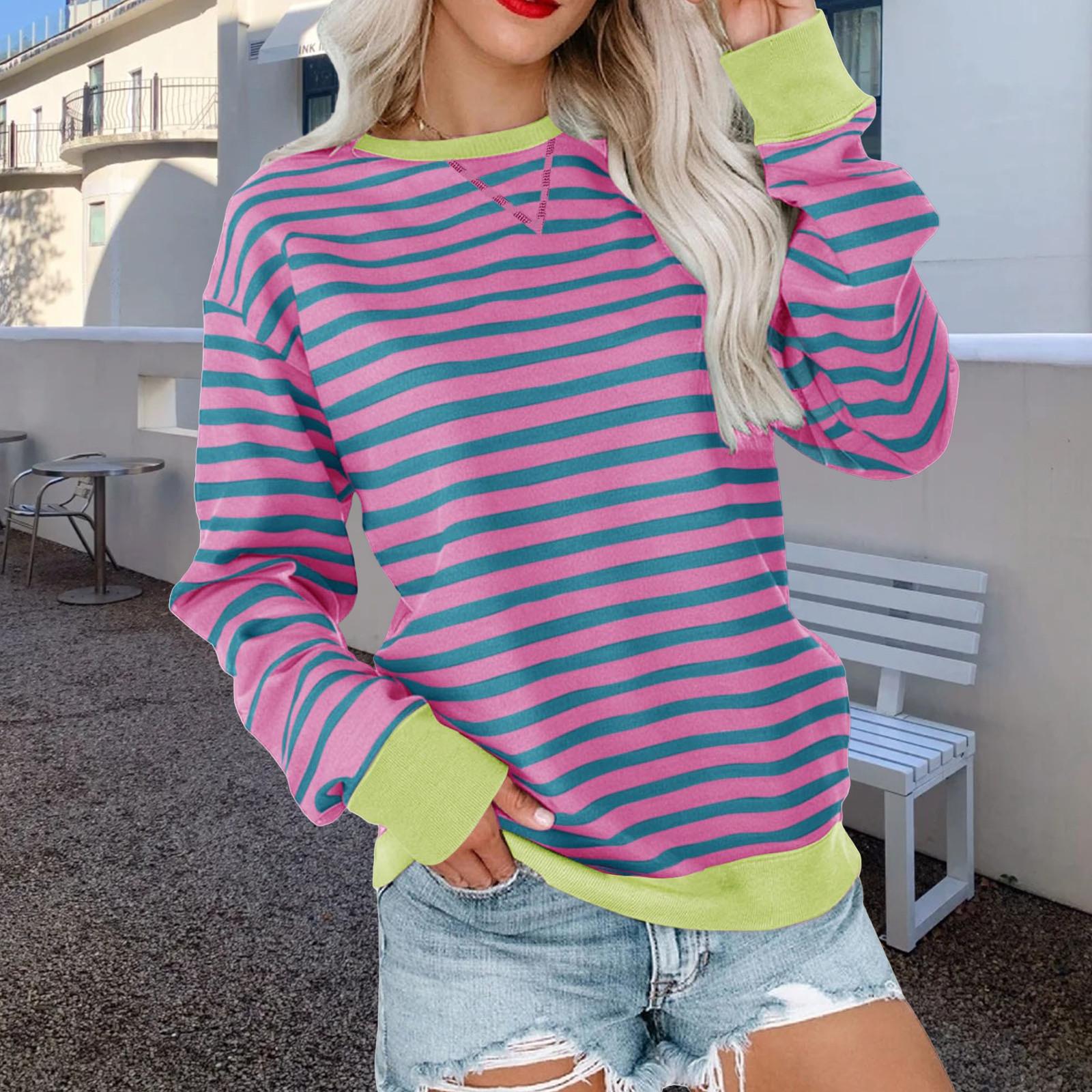 

Женская мода с длинным рукавом и круглым вырезом, повседневная толстовка в полоску, разноцветный пуловер, футболка, топ XXL