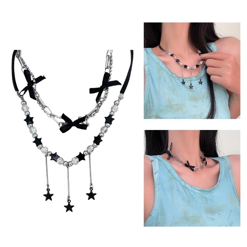 Bohemiean Star Fringe Clavicle Chain Dopamine Star Necklace Star Bowknot Choker Women Daily Outfits Delicate Jewelry